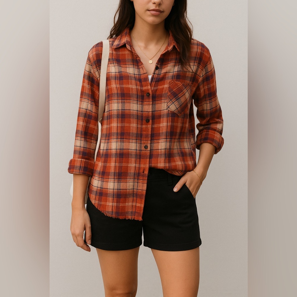 Dizzy Lizzy Rust Navy Plaid‎ Cotton Button Down Shirt M Frayed Hem Fall Casual